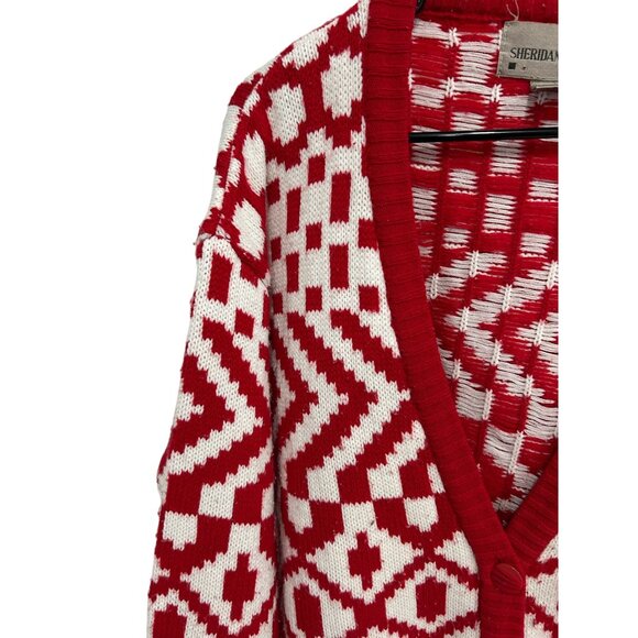 Vintage Sheridan Square Red White Geometric Cardigan Sweater SZ Medium - Picture 4 of 10